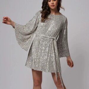 NWT | Jay‎ Godfrey Maggie Sequin Mesh Bateau-Neck Flare-Sleeve Belted Mini Dress
